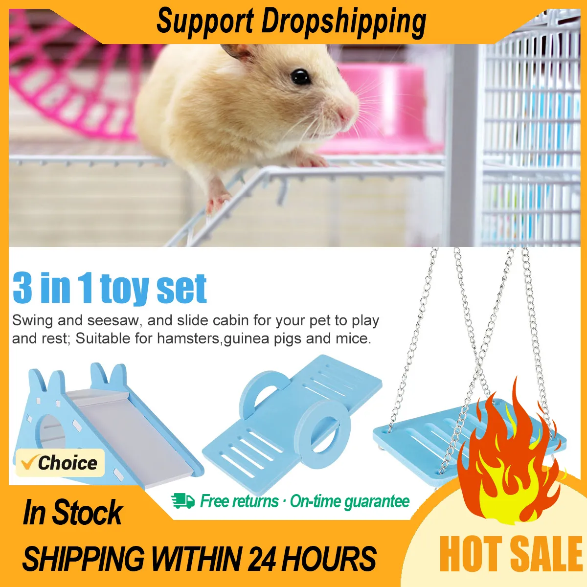 5-Piece Wooden Hamster Toy Set – Includes House, Seesaw, Bridge, Swing & Fitness Circle For Small Pets