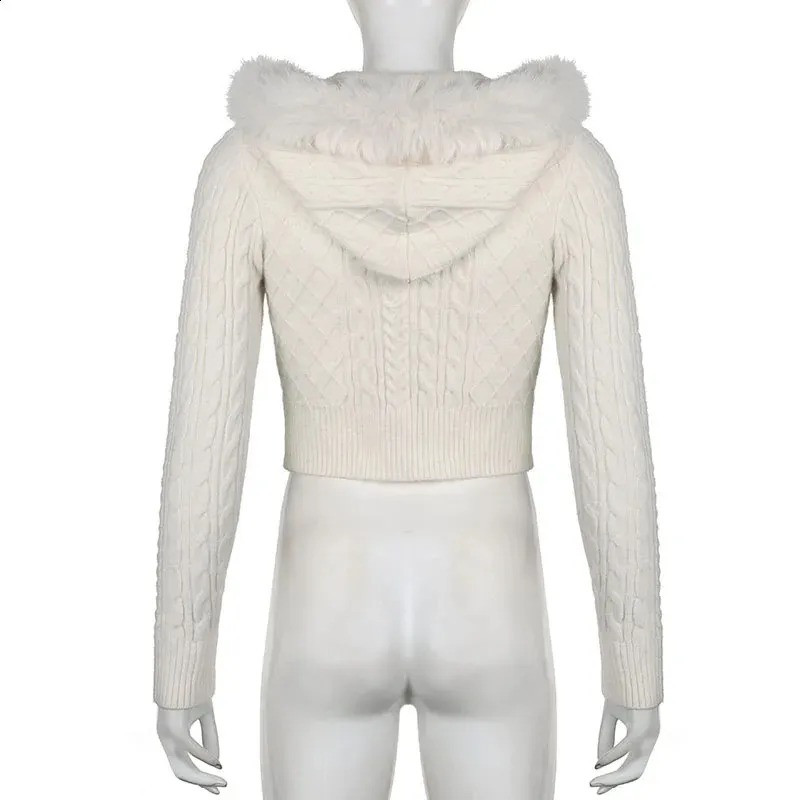 ★韓国人気★DELIGHT J★FUR TRIMMING KNIT CROP HOODED JACKET Darlingaga Korean Style White Twisted Autumn Cardigan Crop