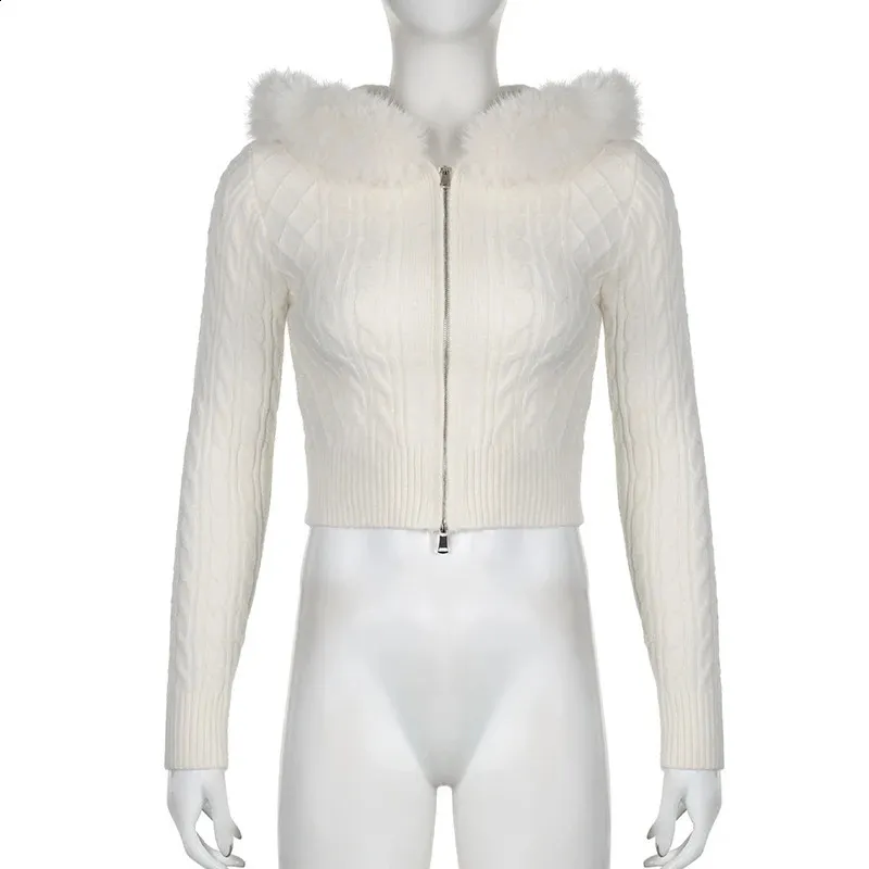 Furry Hooded Cropped Sweater: Womens Casual Y2K Knitwear