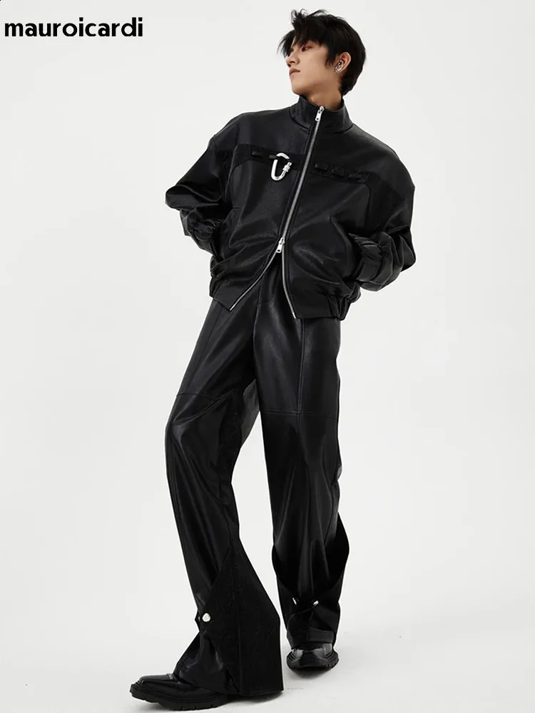 Oversized Reflective Patent Leather Jacket: Shiny Black Y2K