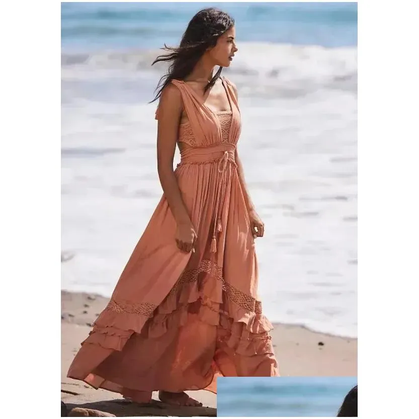 Basic Casual Dresses Canwedance Summer Beach Dress Sleeveless Cotton Maxi Boho Style Solid Color Lace Ruffled Sundress Mujer Vestidos Dhpp4