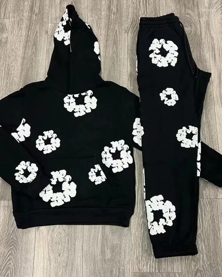 Mens Hip Hop Foam Print Faded Tracksuit Set With Hoodie And