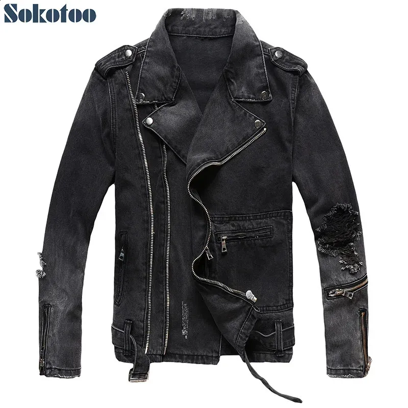 Black Denim Biker Jacket for Men: Vintage Epaulet Holes Ripped