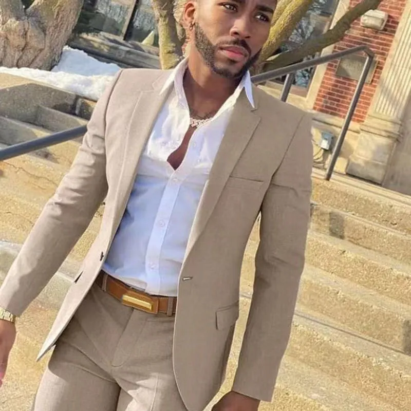 Mens Beige Suits: Slim Fit Two Piece Suit, Lightweight Beige