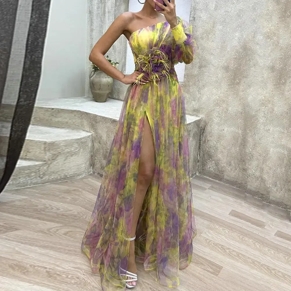 Elegant One Shoulder Tie Dye Ball chiffon maxi dress with Mesh Bubble Sleeves and Split Hem for Women's Formal Evening Events (240712)