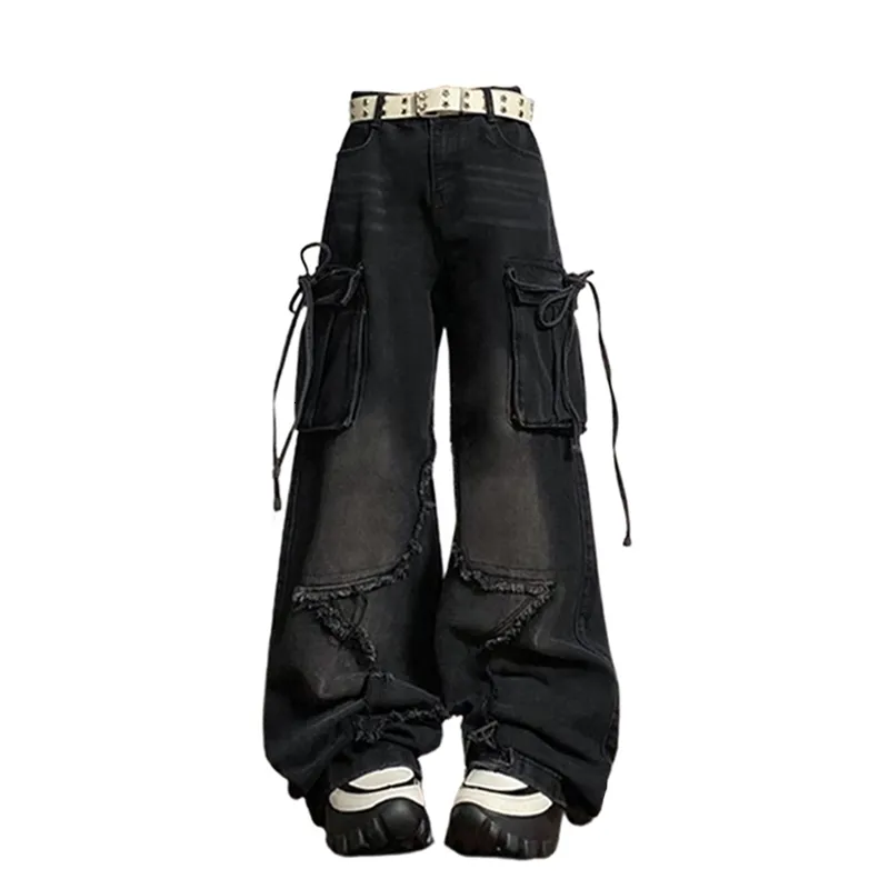 パンツ 00s archive baggy wide cargo black denim OTEEGX Cargo Pants for Men Women Baggy Jeans Y2k Grunge Wide