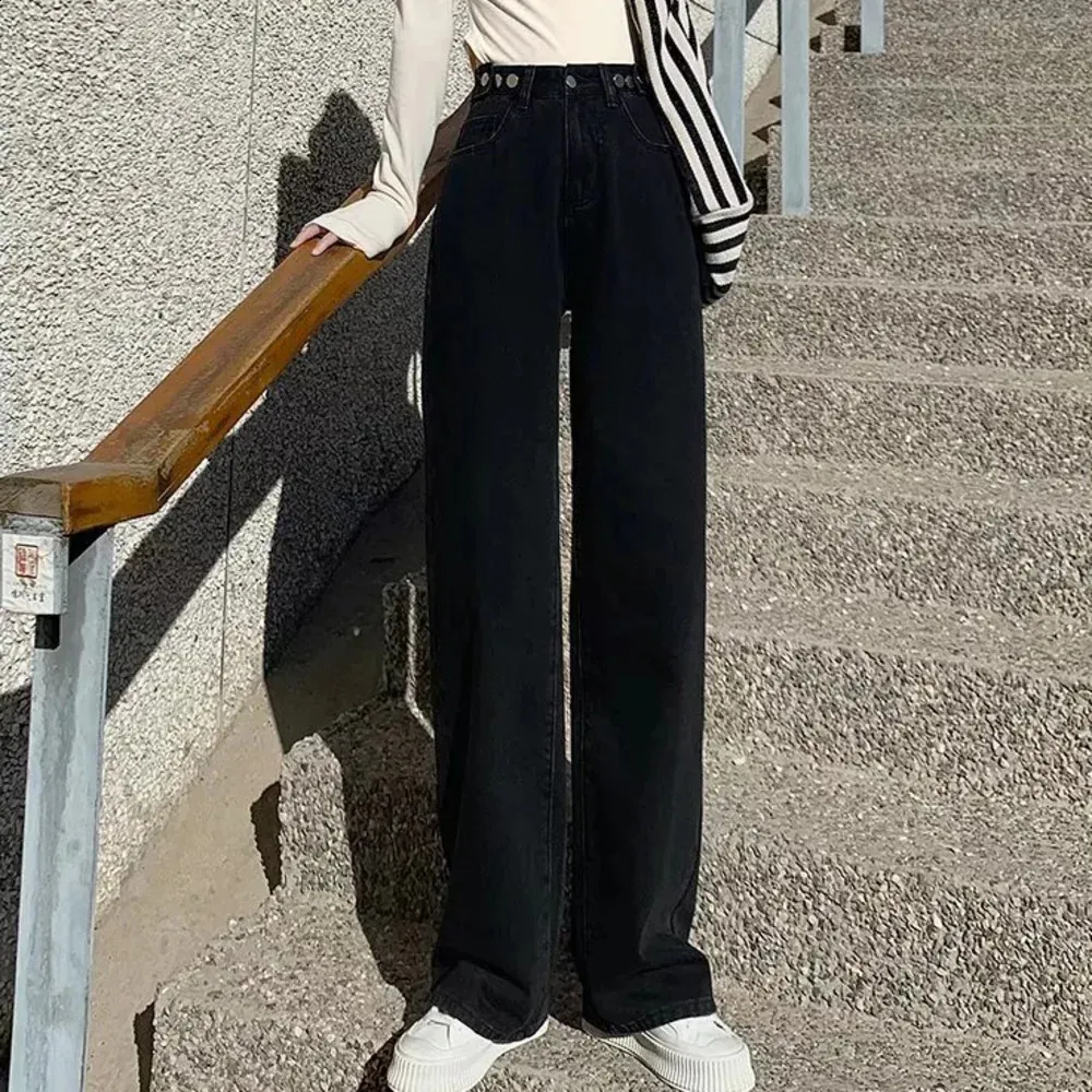 Jean Femme Taille Haute Coupe Droite - Denim élastique Baggy - Vintage, Confortable Pour Tous Les Jours