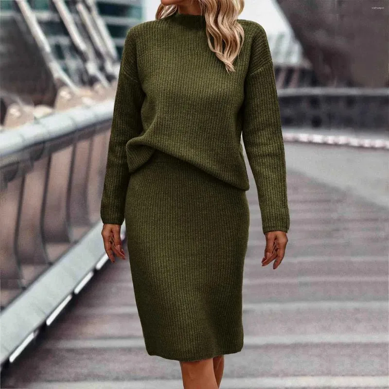 Ribbed Knitted Wool Turtleneck Sweater and Skirt Set: Winter