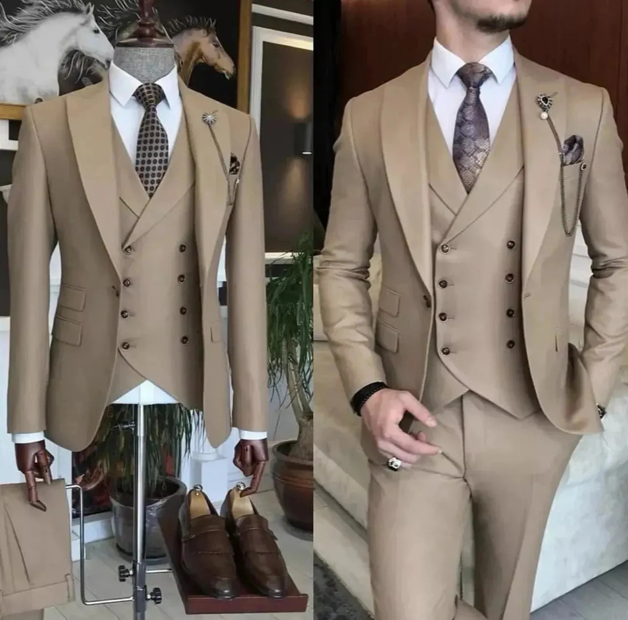 Business Khaki Formal Mens Slim Fit Acetate Suits Wedding Groom