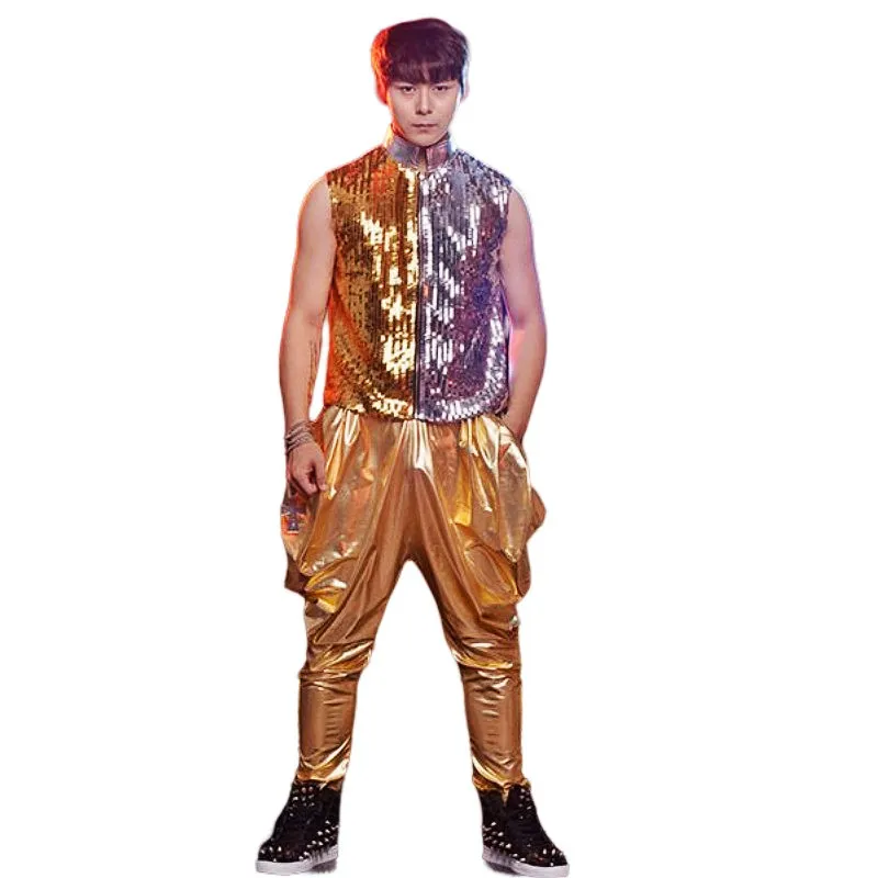 Male Rock Singer Stage Wear Gold Sequin Vest & Harem Pants Hip Hop Jazz ...