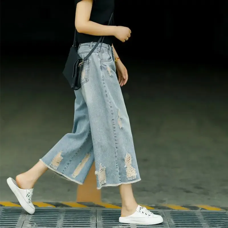 Pantaloni Jeans Donna A Vita Alta, Gamba Larga, Blu, Taglia S, In Cotone, Stile Casual