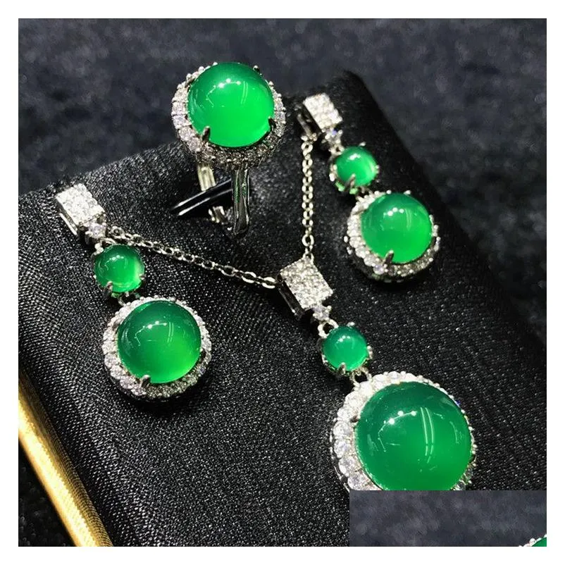Ensembles de bijoux de mariage faits à la main en jade et diamants, bagues de fiançailles en argent sterling, boucles d'oreilles, collier pour femmes, goutte de mariée_voghion.com