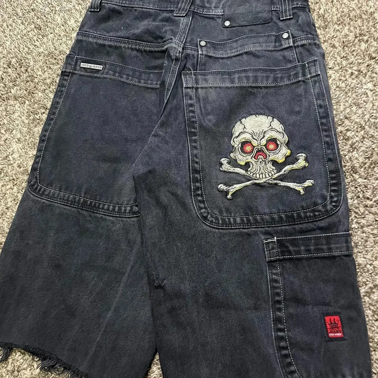 2024ホワイトタイガー刺繍JNCOバギージーンズショーツ、ルーズデニム 