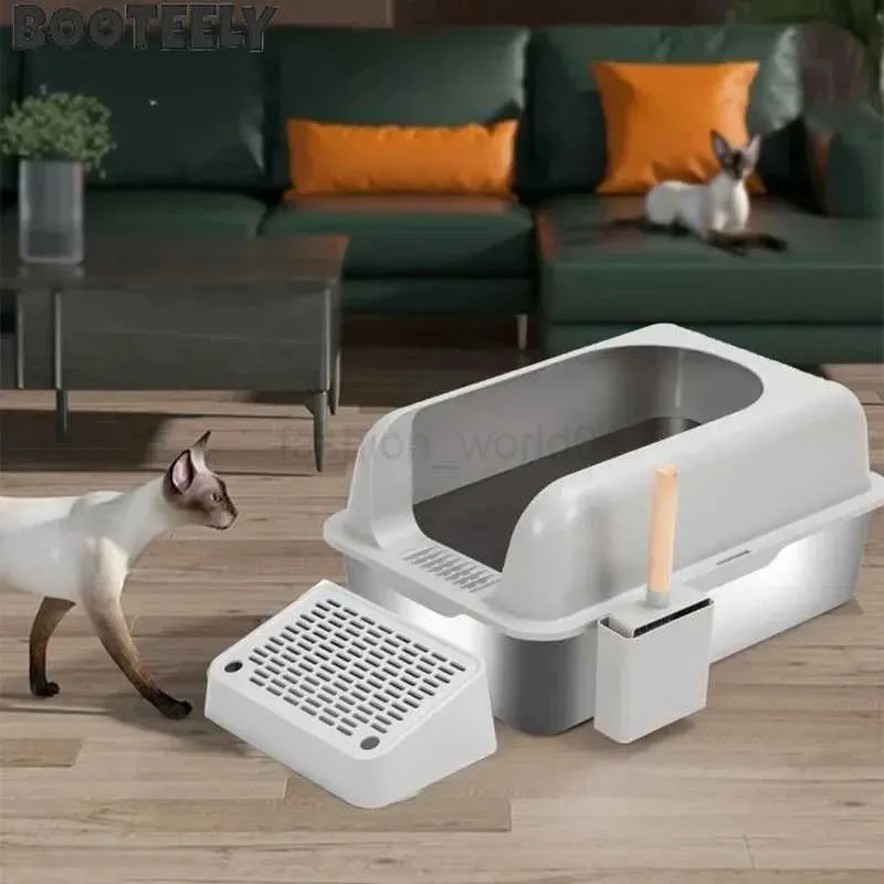 Durable Stainless Steel Cat Litter Box with Front Slope and Lightbox Easy to Use Cat Toilet