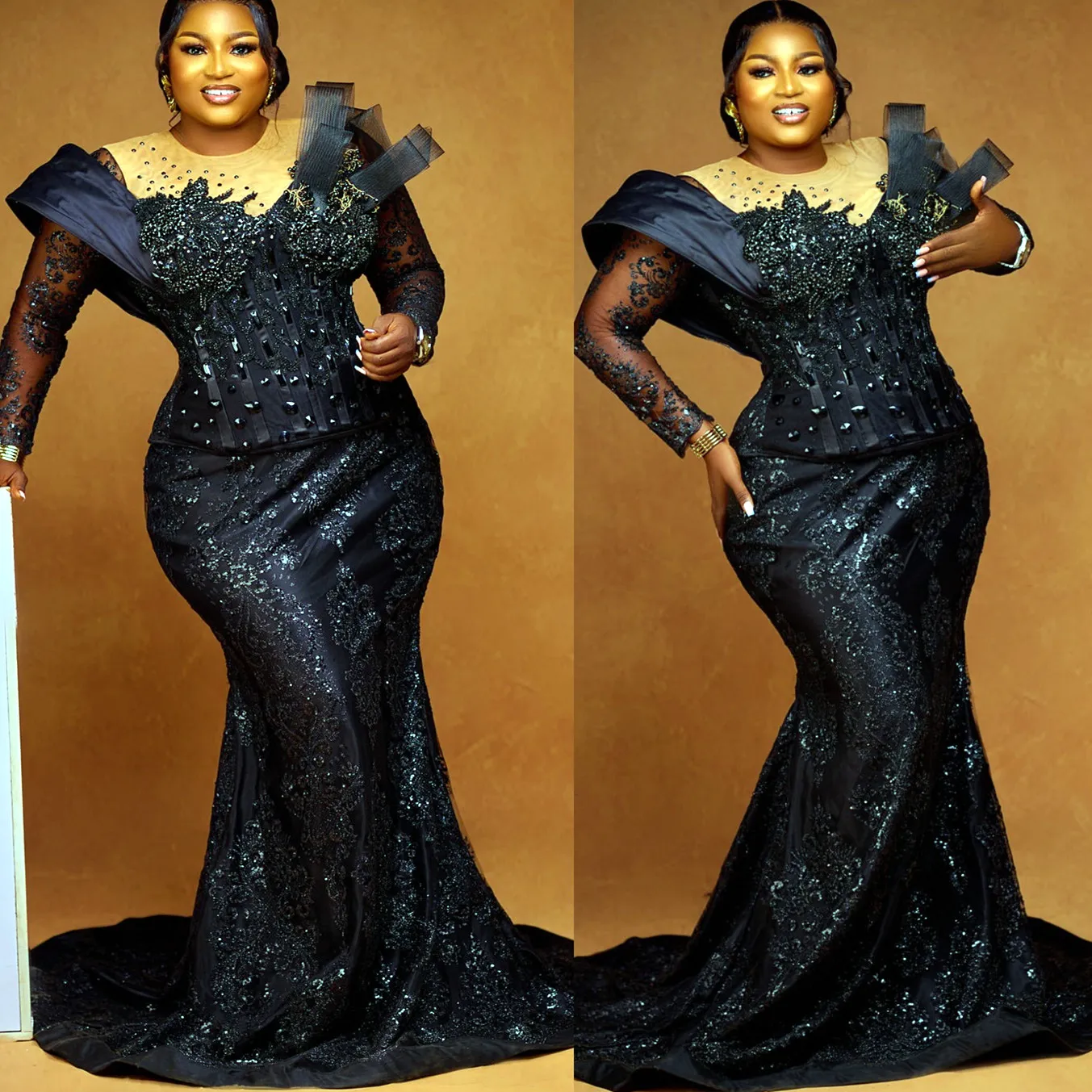 Long Lace With Beaded Mermaid Dresses Black Plus Size main image 0