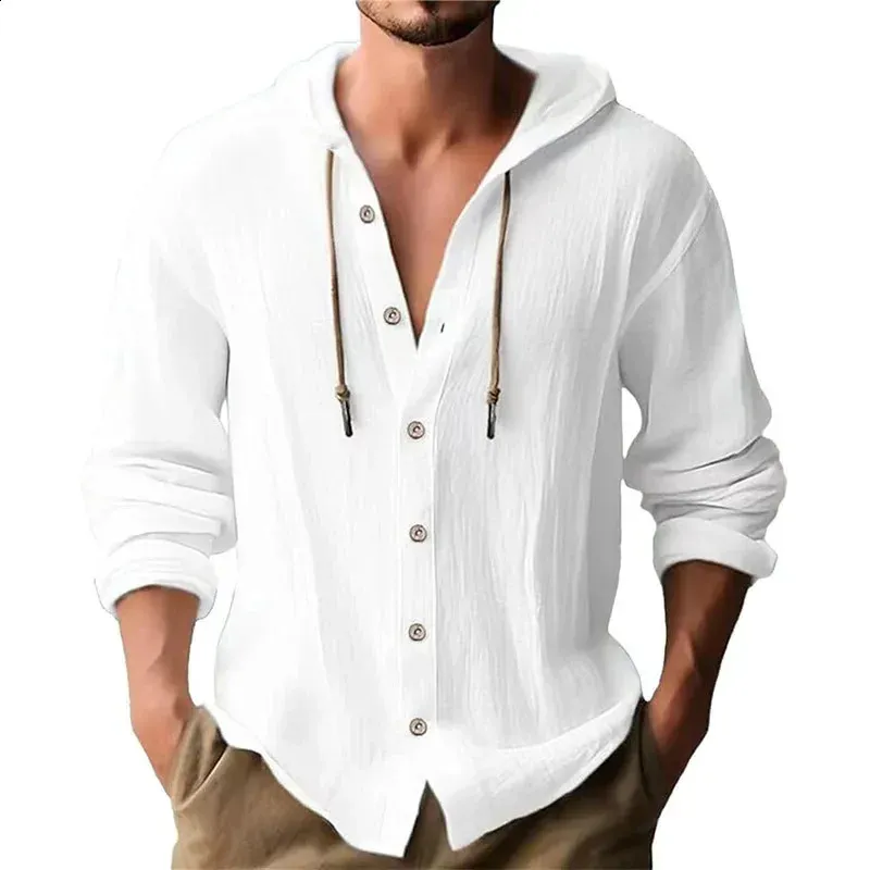 Button up cotton casual long sleeve drawstring hooded shirt sale