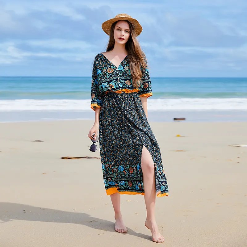 Elegant Womens V Neck Maxi Dress Flowing Beach Dress With High