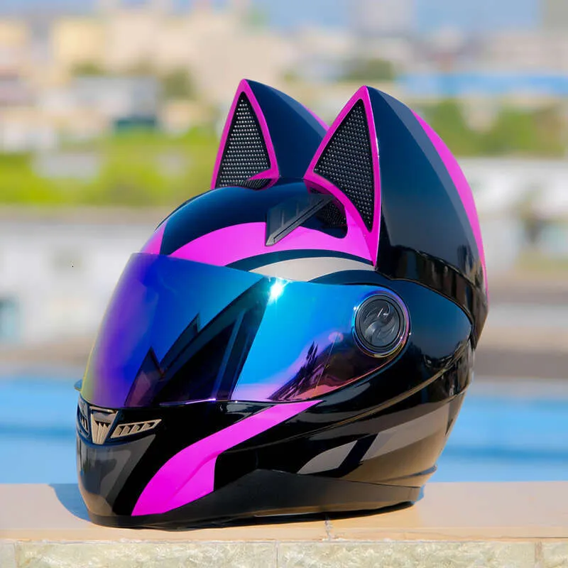 NITRINOS Purple Black Cat Full Face Motorcycle Helmet DOT Approved Men Women Safety Style