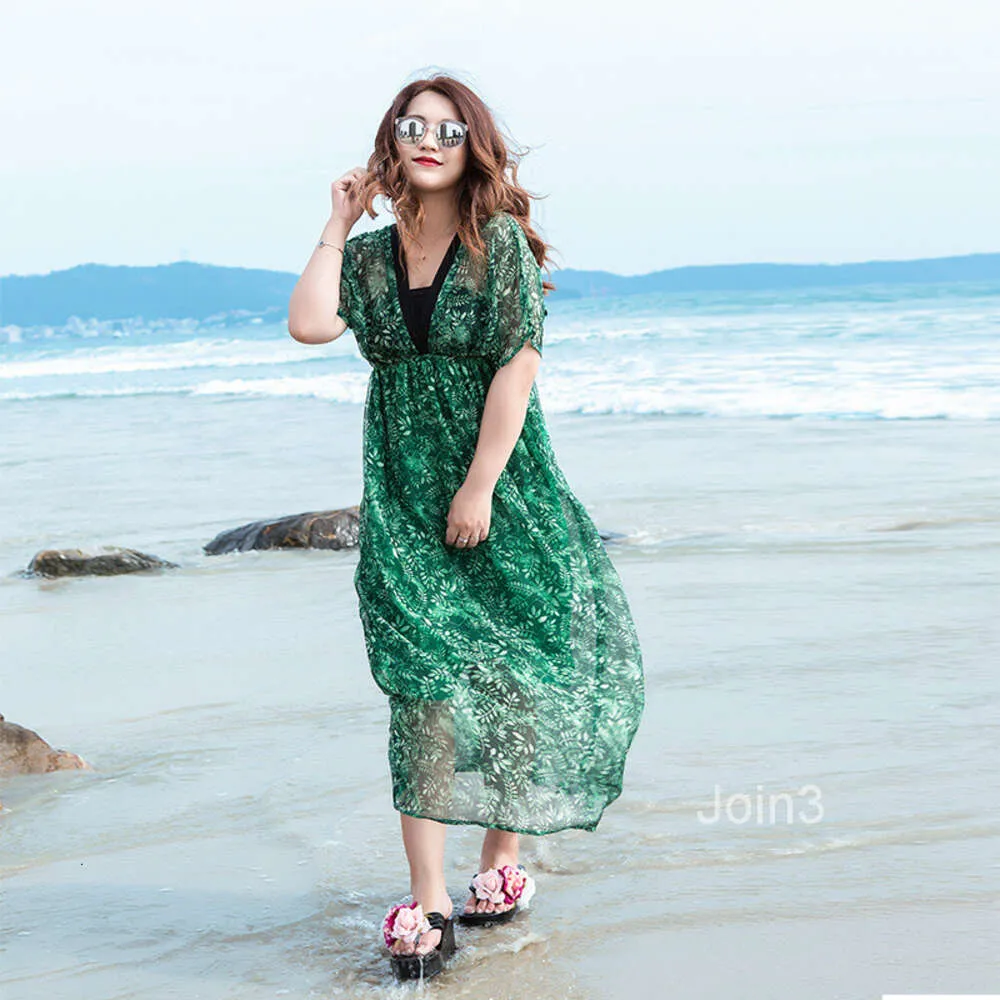 New Large Womens Dress Fat Sister Short Sleeve Deep V Neck Green Printed  Chiffon Skirt From Join3, $34.38 | DHgate.Com