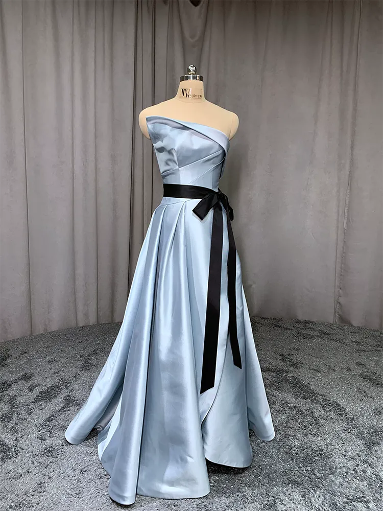 Blue and Black Satin Strapless Evening Dress with Lace-Up Zipper and  Detachable Sash Floor-Length