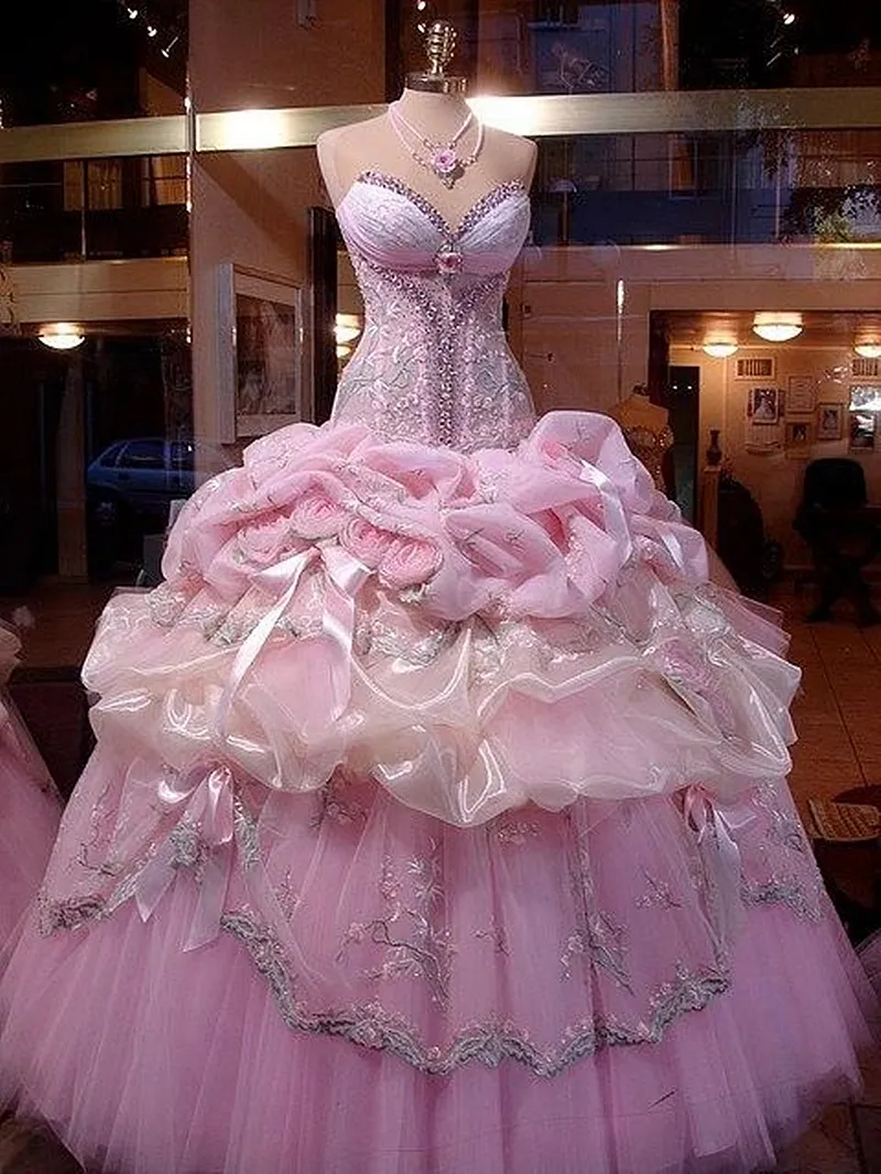 Pink Vintage Princess Pink corset prom dress with Sweety Ruched Detailing, Drop Waist, Handmade Flowers, Lace Appliques, Beaded Detail, and Floor