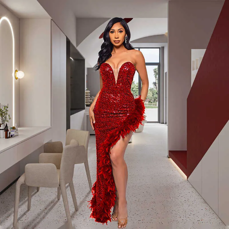 Women's Feather Sequin Strapless Backless Formal Dress for Alluring  Occasions