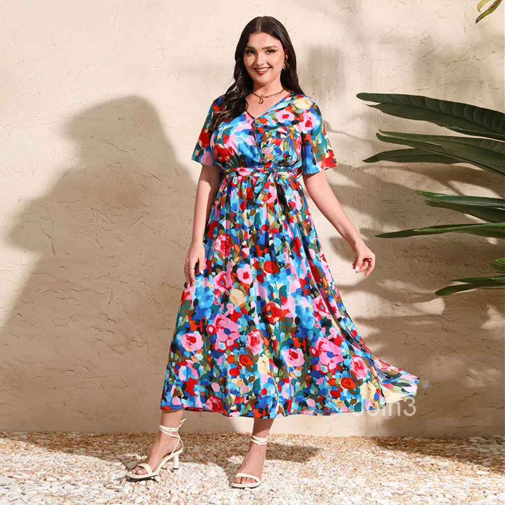 Plus Size Chiffon Dresses: Colorful Rose Print V-Neck Chiffon Dress with  Short Sleeves