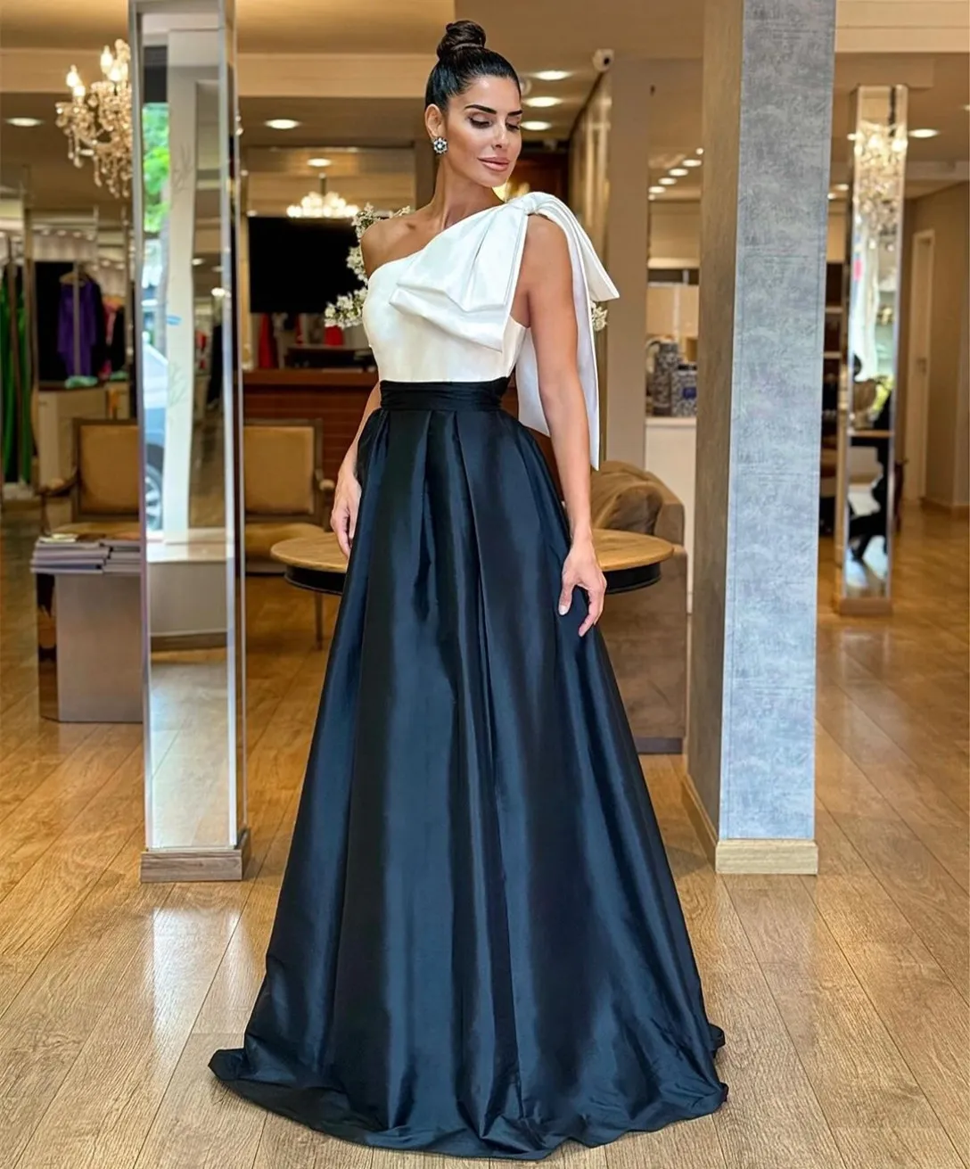 Classic Long Black and White Satin Prom Dress with Bow and Pockets, A-Line  One-Shoulder Floor-Length Formal Evening Dress for Women from Dhgate Prom  Dresses - price 73.97