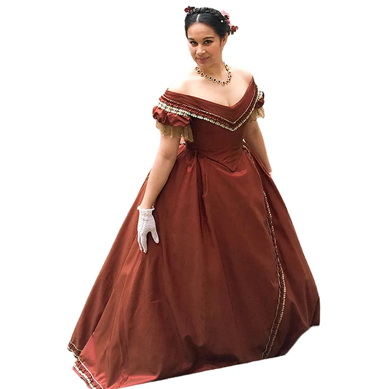 Vintage Satin Off-Shoulder Princess Ball floor length gown with Short Sleeves and Court Train for Renaissance, Evening, Formal Occasions, Cosplay, and