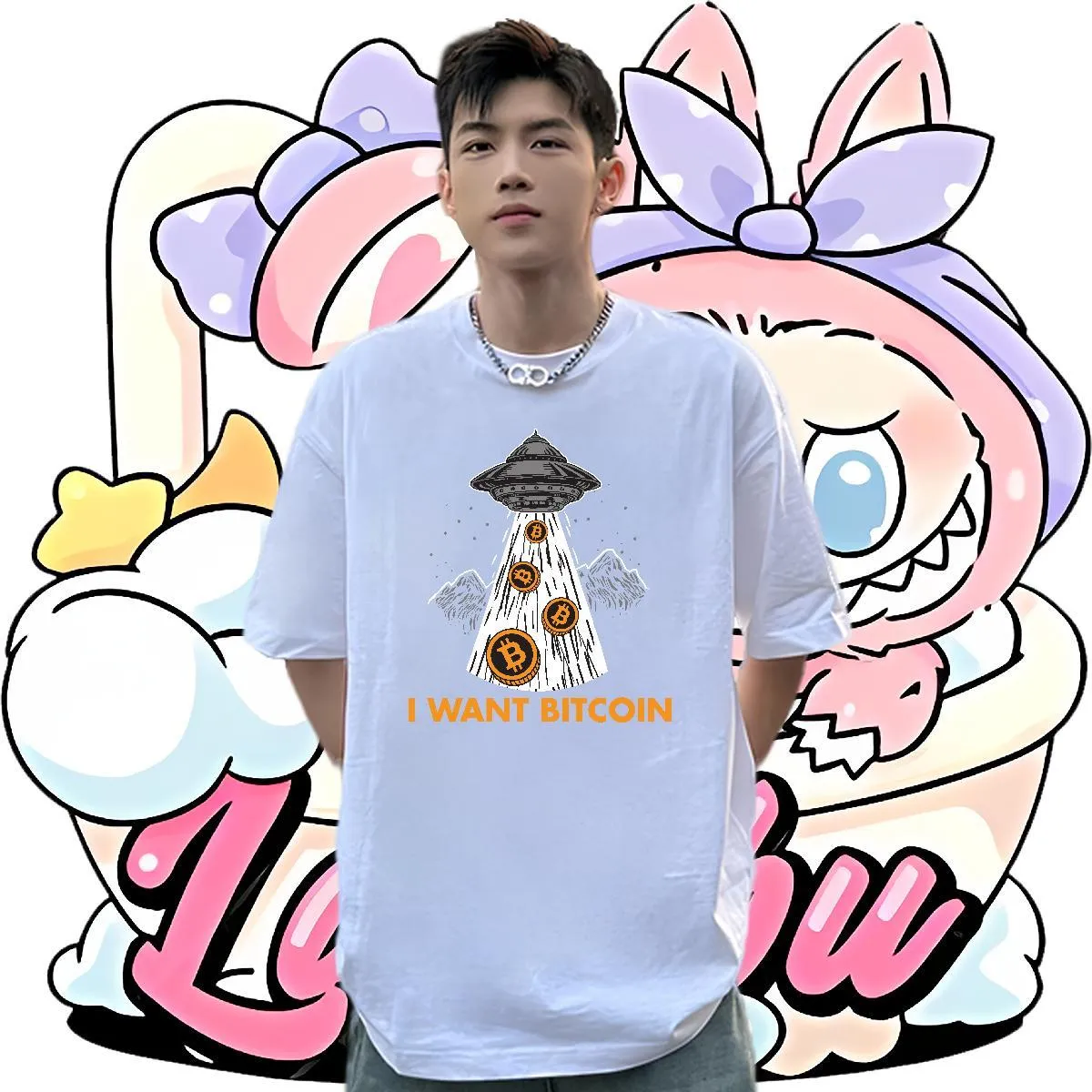 Loose Fit T-Shirt with Cartoonish Bitcoin for Men