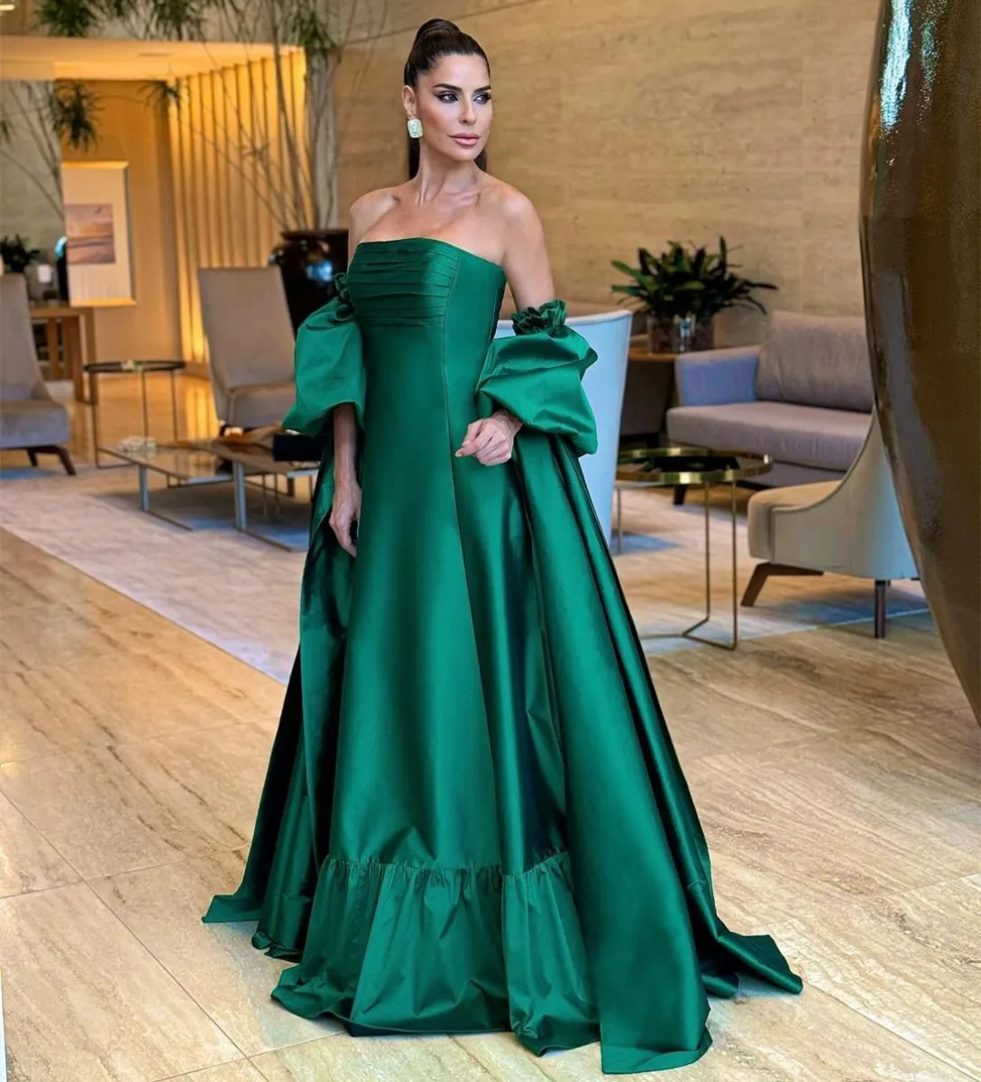 Elegant Green Strapless Satin Prom Dresses with Pockets for Women