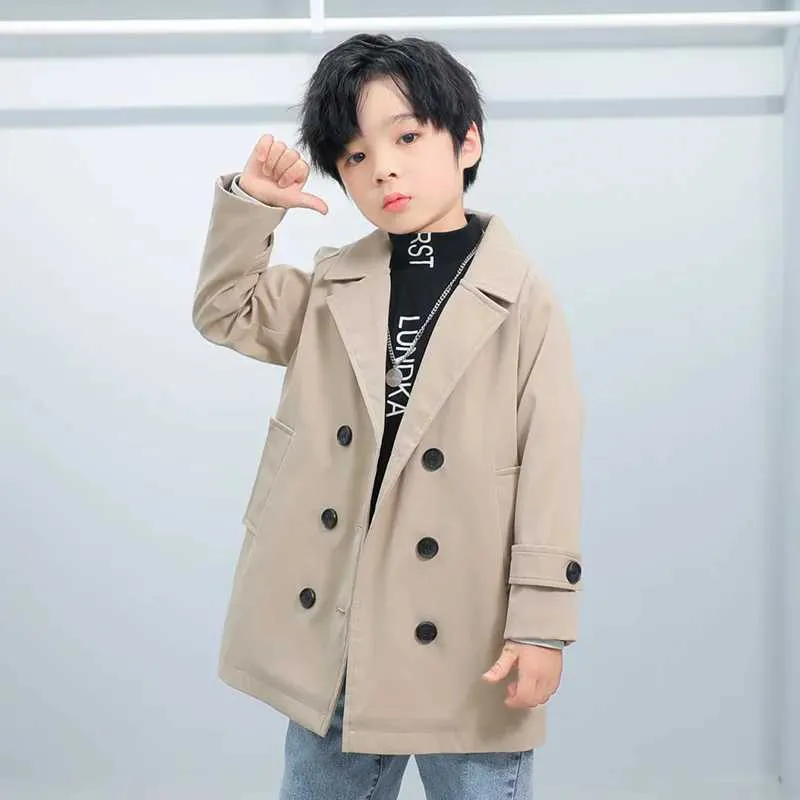 Boys Khaki Trench Coat Double Breasted Fashionable Windproof
