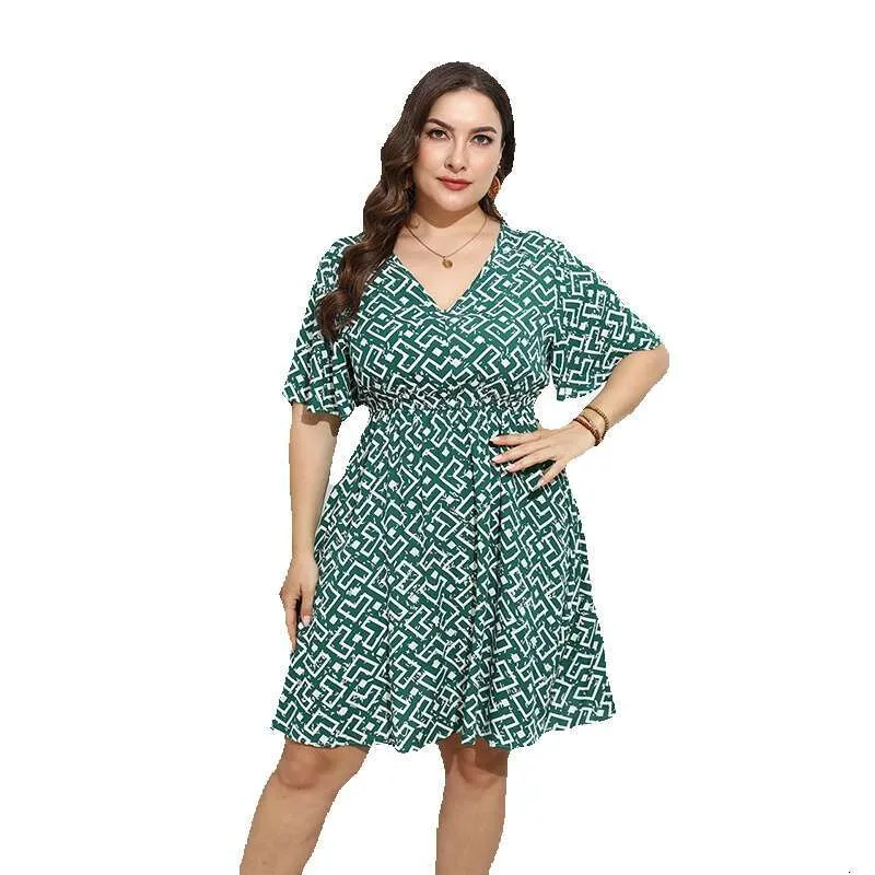 Product Title: Floral Printed Plus Size Wrap Dress with V-Neck and Mid-Length Skirt - Casual and Sexy Loose Fit BOHO StyleProduct Description: This