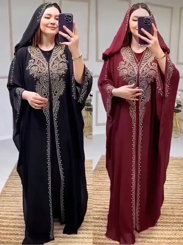 Eid Muslim Dress for Women Hooded Abaya Set Diamond Jalabiya Morocco ...