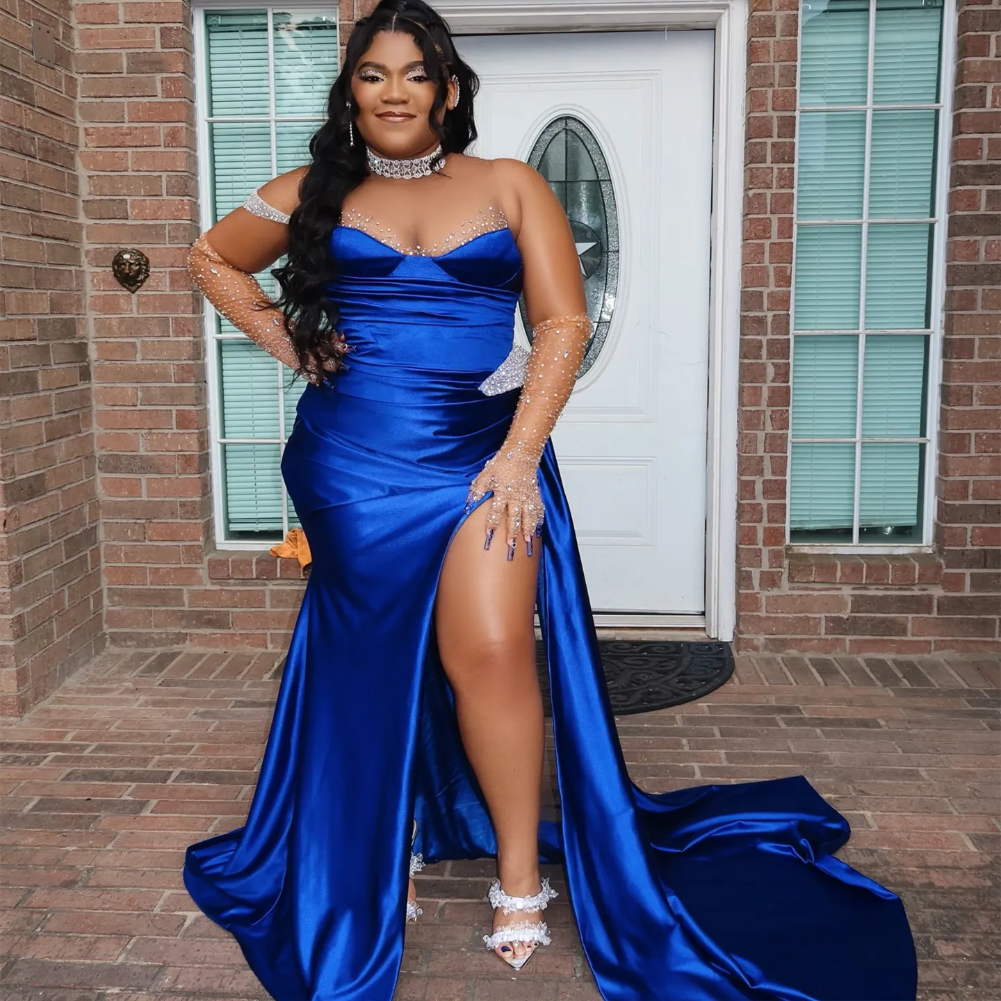 open lace back dress Ellie Wilde Long Designer Prom Dress EW35063 Cerulean Blue / 00 main image 1