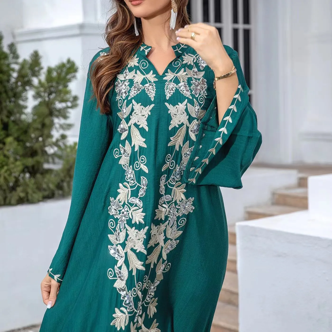 bell sleeve embroidered dress Isabel Embroidered Maxi Dress Blue / XL