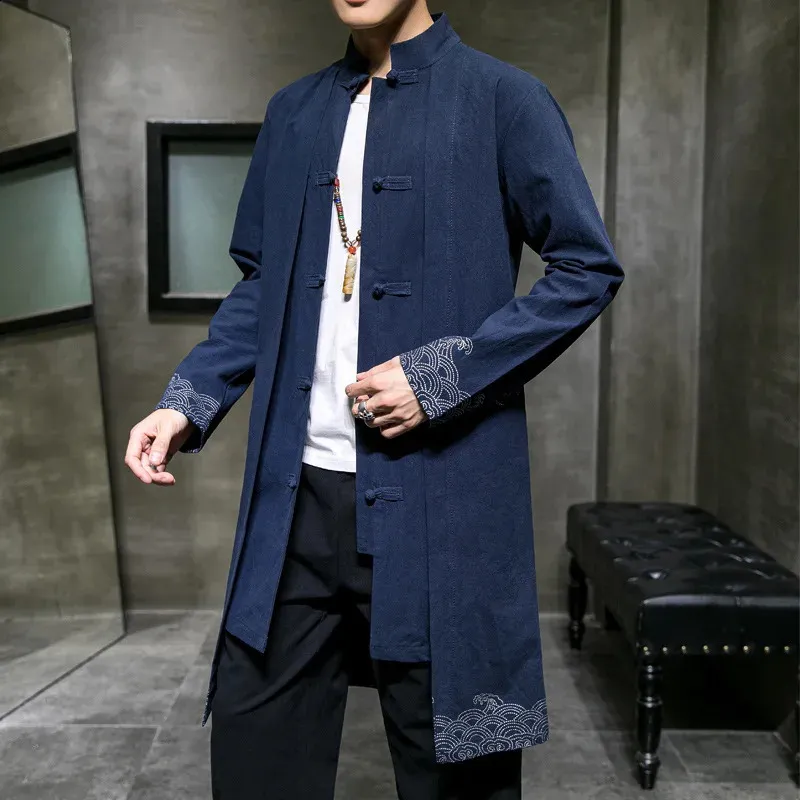Mens Chinese Style Cotton Linen Long Windbreaker Jacket, Stand