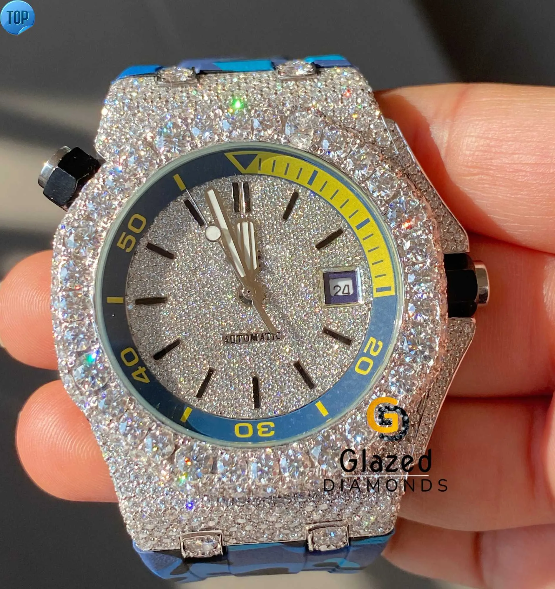 Moissanite Diamond Iced Out Watch Round Cut, Hip Hop, Mens Party