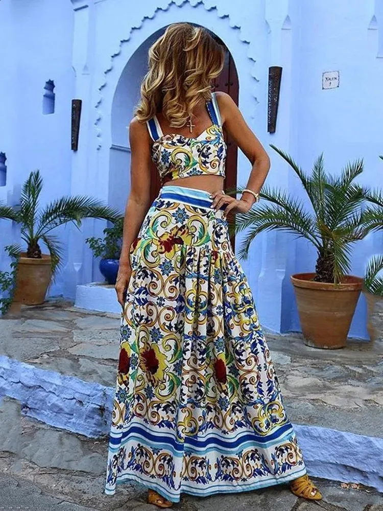 Bohemian Print Two-Piece Skirt Set: Chic Crop Camisole with A-Line