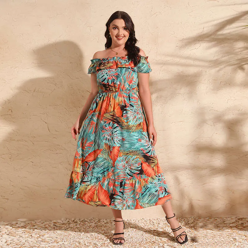 Plus Size Floral Leaf Print Off Shoulder Dress Bohemian Style