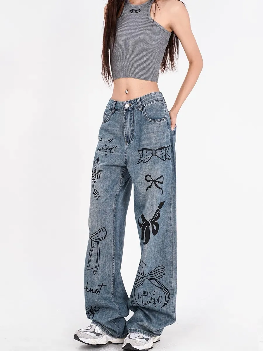 Hand-Drawn Graffiti Wide baggy jeans for Women - High