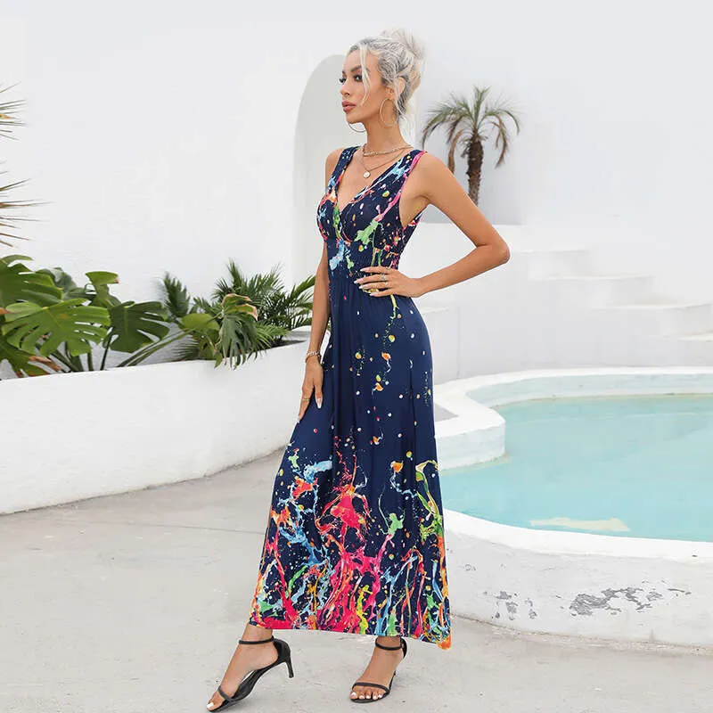 Women's Ice Silk V-Neck Summer Maxi Dress with Graffiti Print - Sexy, Slim, and Elastic Long Gown in Large Sizes with Bifurcated Lace
