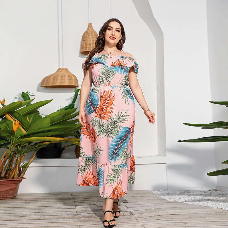 One Shoulder Tropical Print Maxi Dress with Ruffled Hem Chic Resort Wear for Summer 2024
