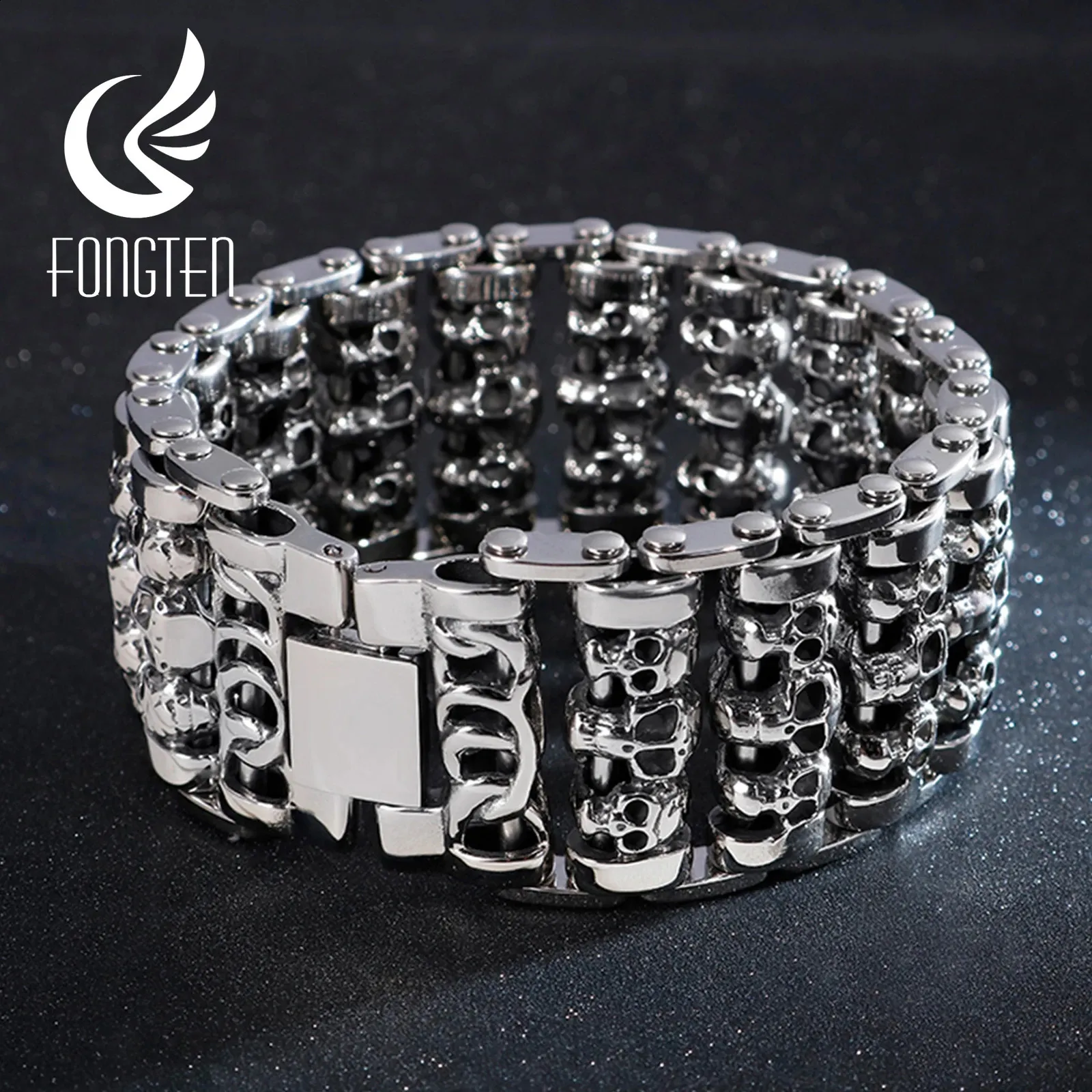 Stainless Steel Viking Skull Bracelets For Men Wide Metal Cyclist