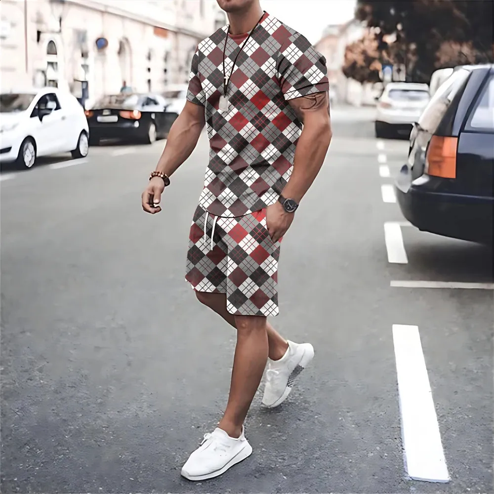 Men Tracksuits Fashion Print T Shirt Shorts Sets Mesh Oversized T