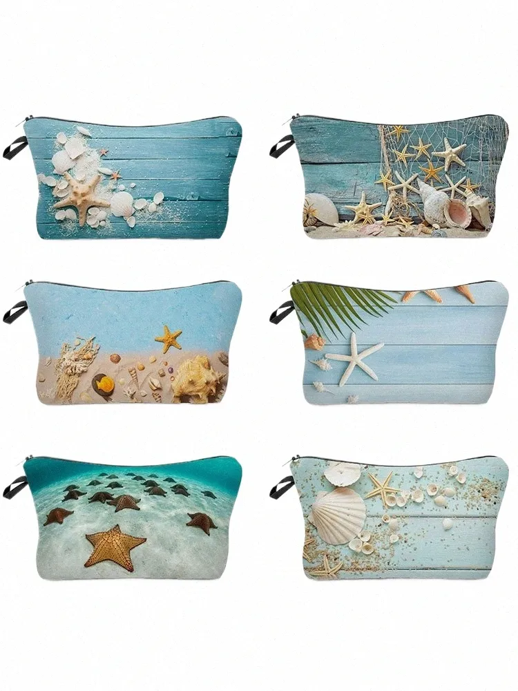 Starfish Print Cosmetic Bag Portable Travel Makeup Organizer for Women,  Cute Zipper Pouch, Stylish Toiletry Storage Bag Y22C#