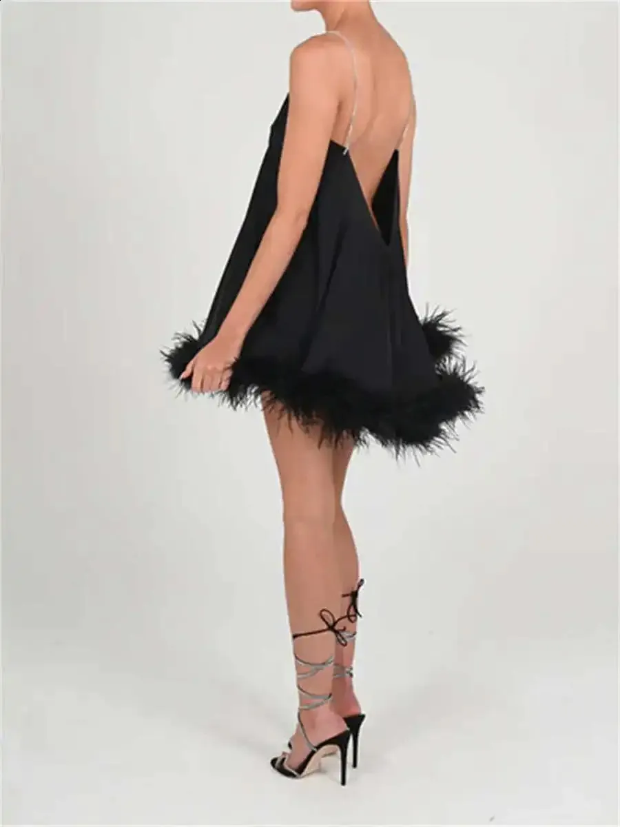 Wsevypo Plush Trim Backless Party Dresses Evening Gown Vestidos