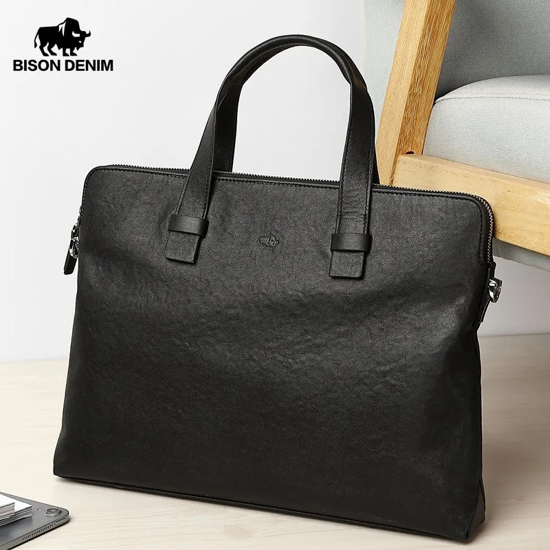 Genuine Leather Laptop Messenger Bag For Men Durable Cowhide Double Zipper Busin Handbag Black From Sleekshoulder 71.4 DHgate.Com
