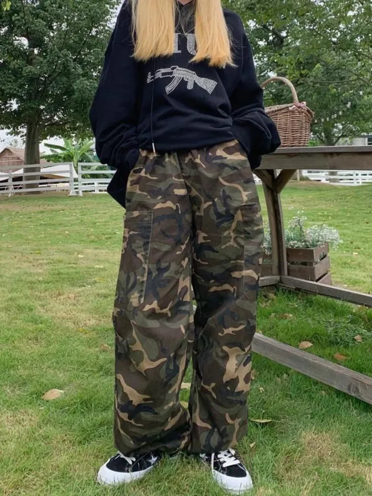 【DISCERNMENT】Y2K Military Cargo Pants Hip Hop y2k Camo Cargo Pants for Women Baggy Loose Low Rise