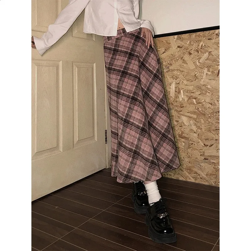Vintage-Inspired Pink Plaid Midi Skirt: Premium Wool Blend, High